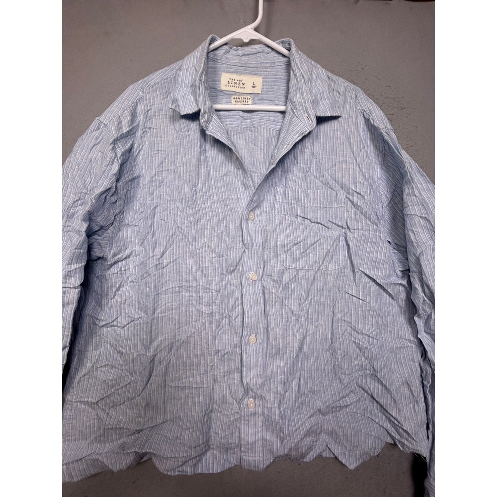 Abercrombie & Fitch Cropped Linen Shirt Striped Blue Large Womens
